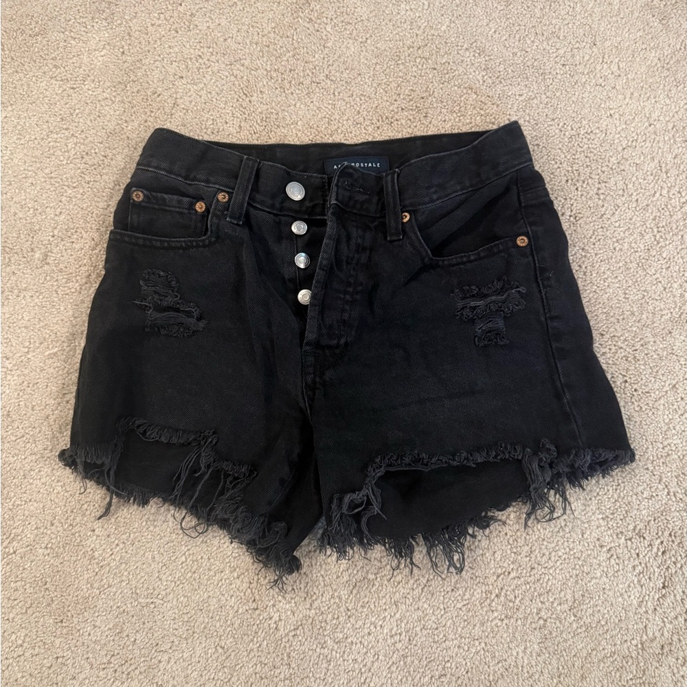 Aeropostale Black Distressed Button-Fly Denim Shorts